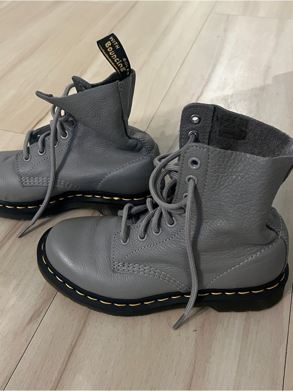 Women’s Doc Martens - Gray Leather Lace-Up Boots with Yellow Stitching - Picture 2 of 4